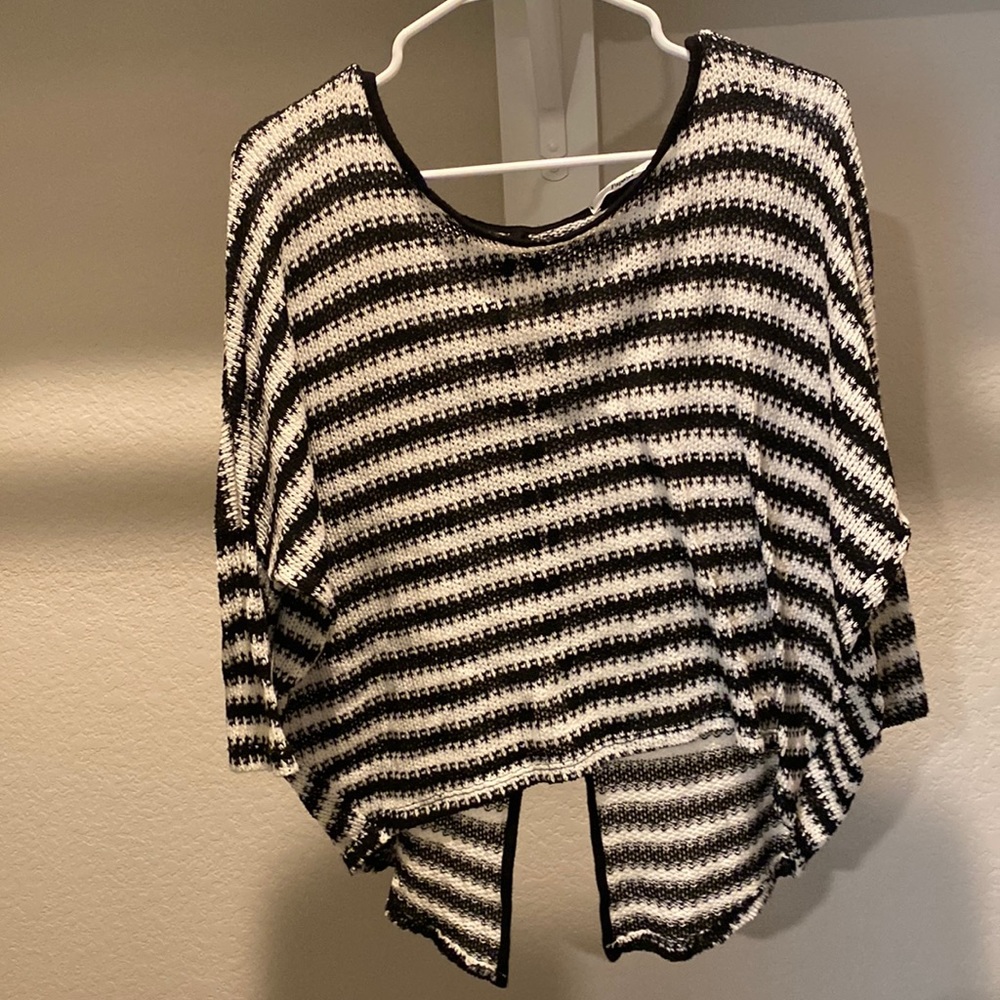 Black and White Striped Light Sweater Top with Back Button detailing/ split hem
